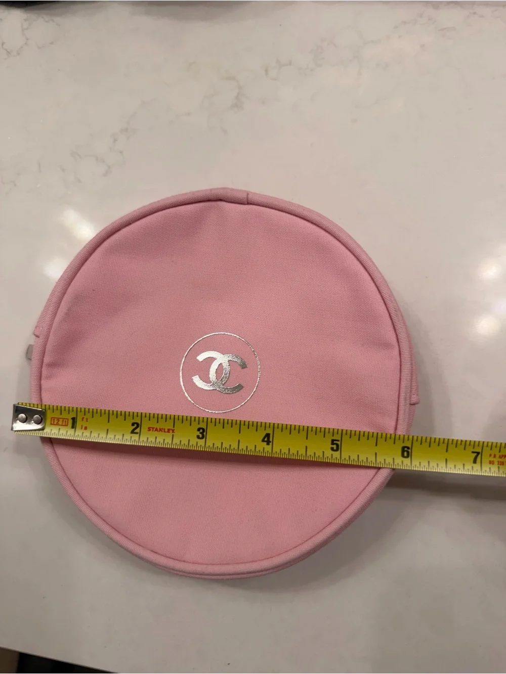 CHANEL Pink Round Cosmetic Case with Silver CC Emblem
